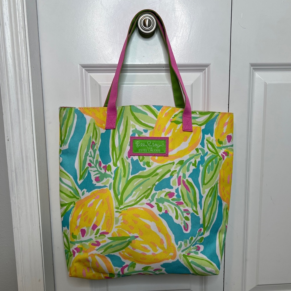 Estee Lauder Lilly Pulitzer Lemon Print Nylon Tote Bag Yellow Pink Turquoise